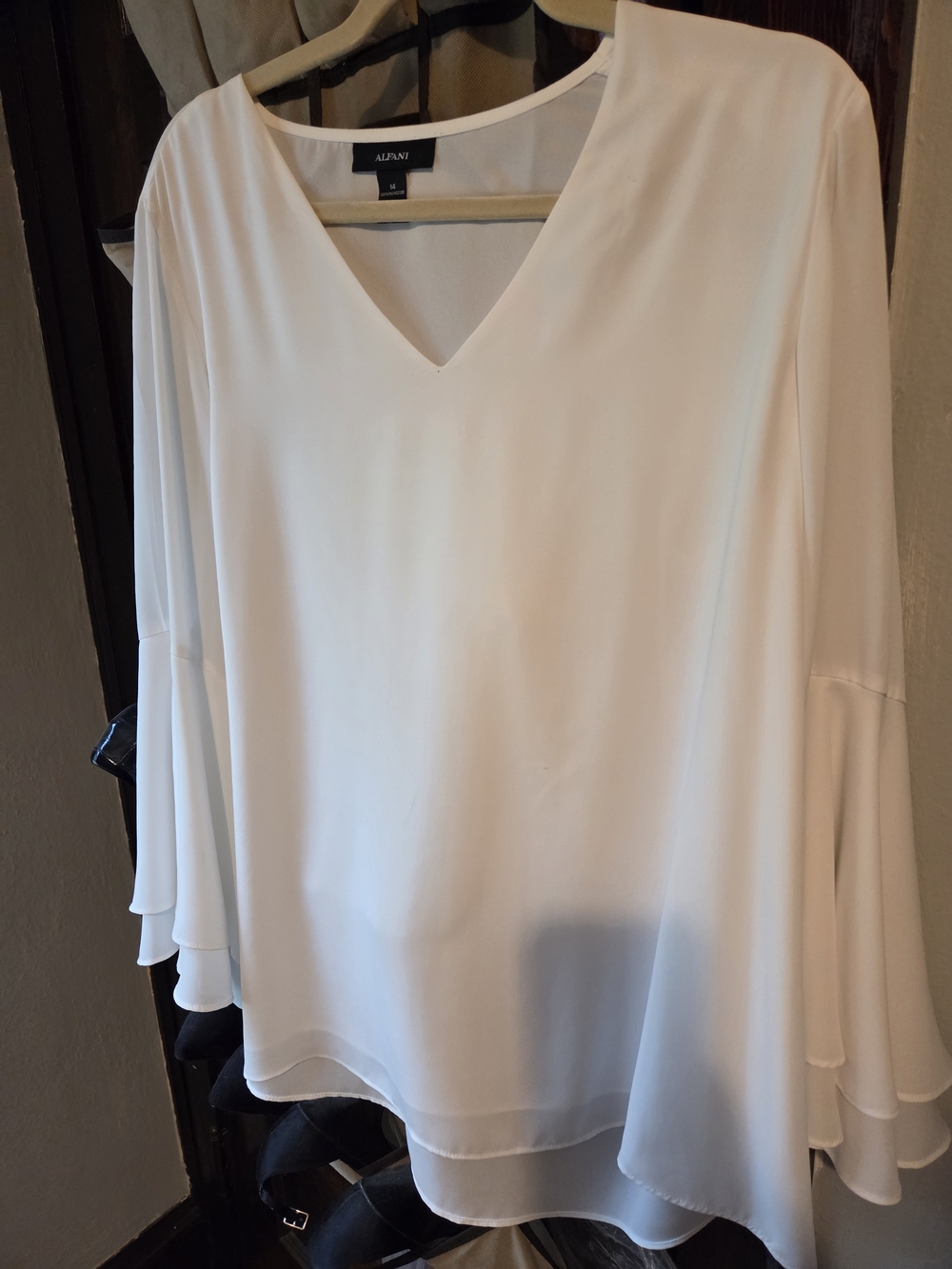 Alfani White V‑Neck Layered Bell Sleeve Blouse